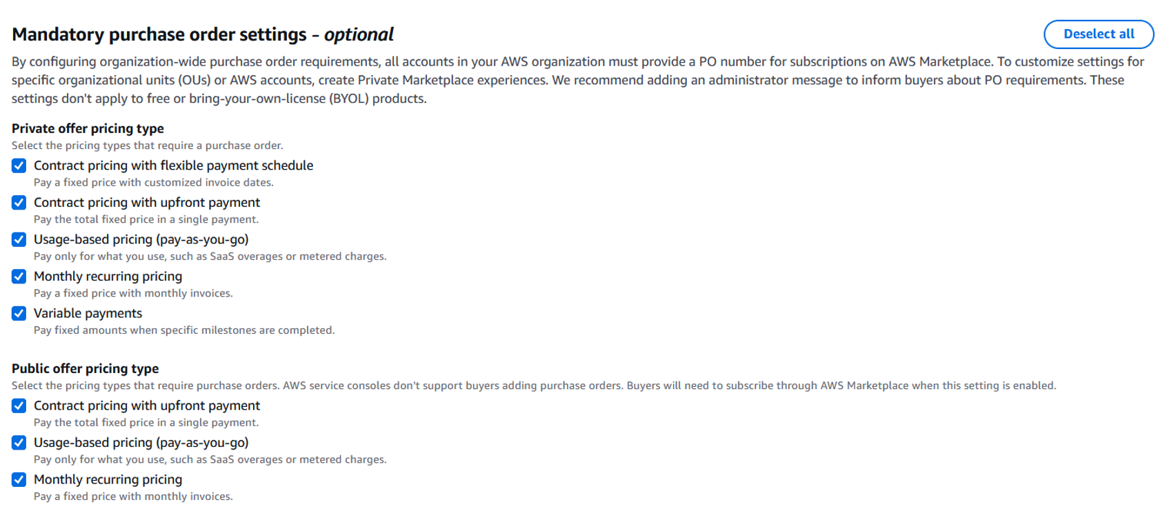 Mandatory purchase order settings with all options selected.